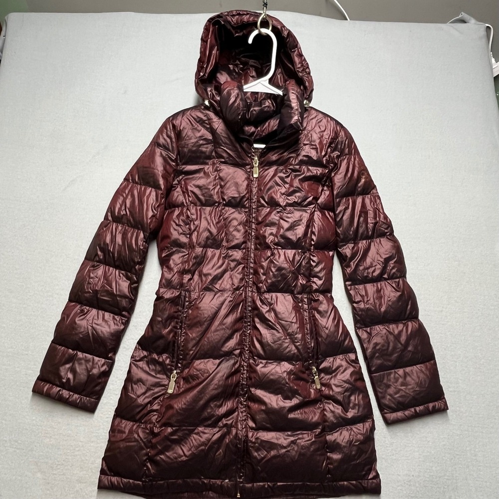 Calvin Klein Women Packable Lightweight Down Puffer‎ Coat Burgundy Hooded Size S